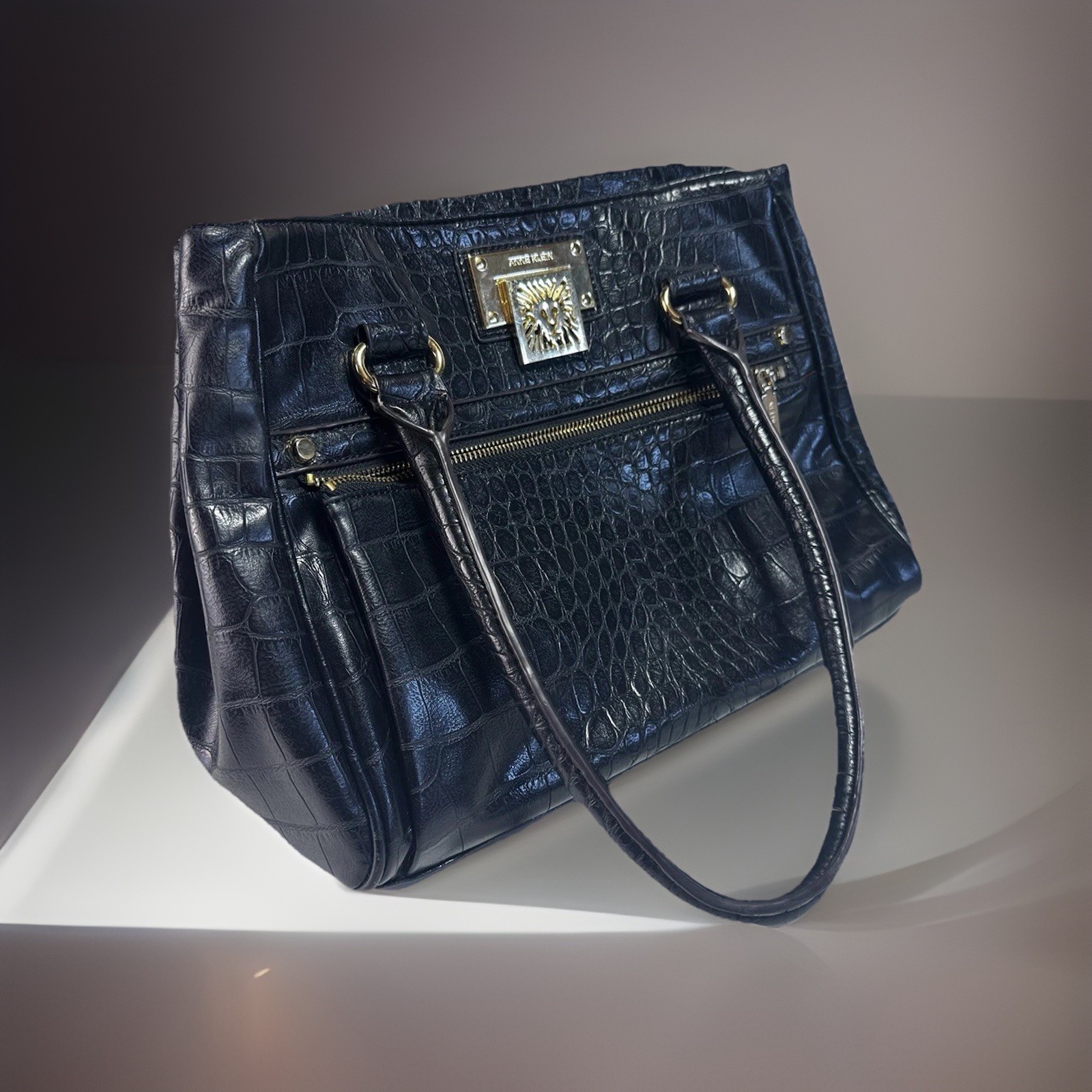 Anne Klein Black Croc-embossed Structure Tote, Gold Hardware, Satchel