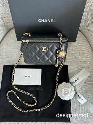 NIB 100%AUTH CHANEL Black Lambskin Pearl Crush Long Vanity Bag on