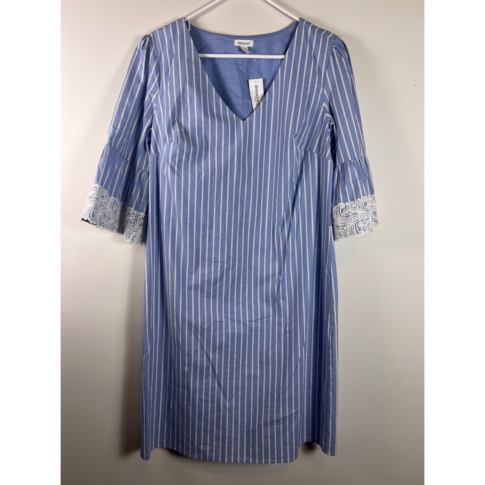 Westport Blue White Stripe Lace Bell Sleeve V Neck Midi Dress Women's Sz 12