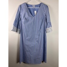 Westport Blue White Stripe Lace Bell Sleeve V Neck Midi Dress Women's Sz 12
