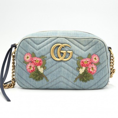 Gucci GG Marmont Small Shoulder Bag Denim Floral Embroidery Blue