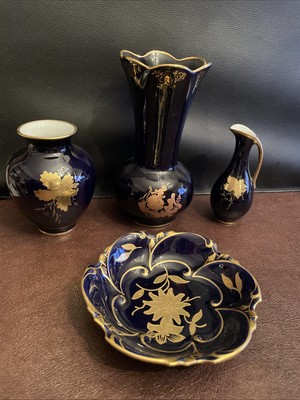 LOT 4 WALDERSHOF 22K Bavaria Echt Cobalt Blue & Gold Porcelain Vase Set Bowl