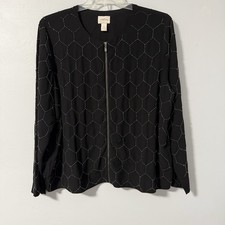 Chico  s Black lightweight hexagon beaded long sleeve zip front jacket 3  XL