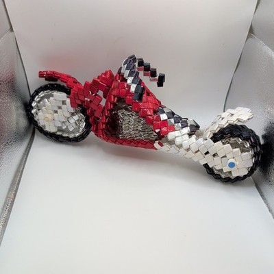 Trash Red Motorcycle made from potato chip bags (Prison Art) 13x4 1/2x 3