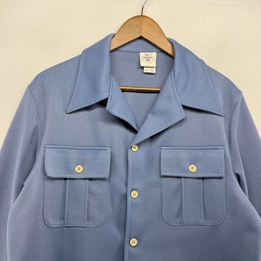 Chaqueta Camisa Jantzen 100 De Colección Para Hombre 42 Azul Chamarra Solapa Cuello Campamento Tejida Años 70 Foto 2 de 4