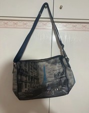 Borsa donna tracolla tessuto grigio/blu stampa Parigi Torre Eiffel zip ciondolo