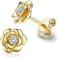Rose Flower Stud Earrings Sparkling CZ Elegant Dangle Jewelry Women 1 Pair