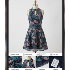 Hey Floral Lace Keyhole Mock Neck Fit and Flare Dress Navy Teal Blush L