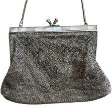Vintage Silver Beaded Mother of Pearl Evening Bag Purse Handbag Japan 7  