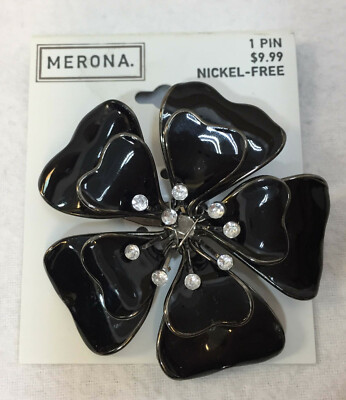 Brooch Pin Flower Floral Dahlia Enamel Rhinestone Silver Tone Metal Merona Brand