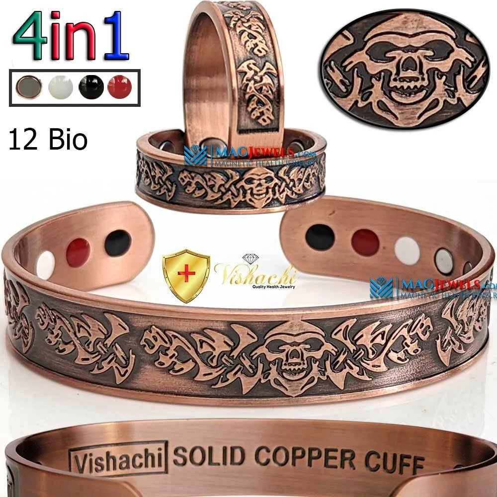 4in1 SKULL SOLID PURE COPPER MAGNETIC BRACELET BIKER MEN