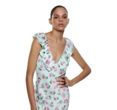 Zara Green Floral Pink Print Satin Midi Dress Ruffle Trims V Neck Slip Dress  S-M | eBay