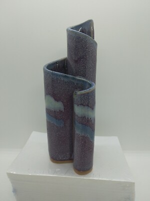 Studio Art Pottery Vase Three Section Scrolled Purple Drip Glaze 7.25'' Marked