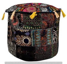 22" Indian Ottoman Pouf Round Floor Footstool Cover Patchwork Cotton Pouf Cover
