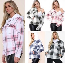 Womens Ladies Check Fleece Hooded Jackets Check Shacket Coat Oversize Baggy