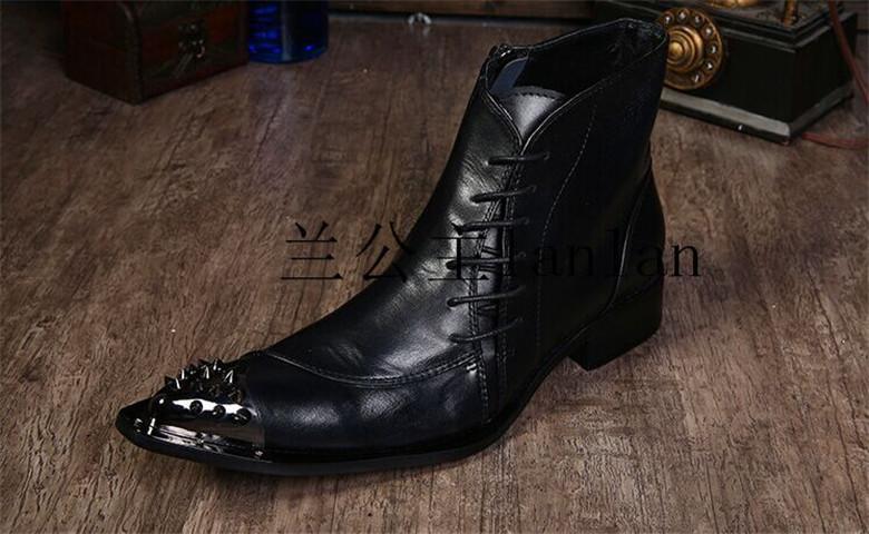Mens Retro Metal Pointed Toe Chelsea Lace Up Ankle Boots Side Zip