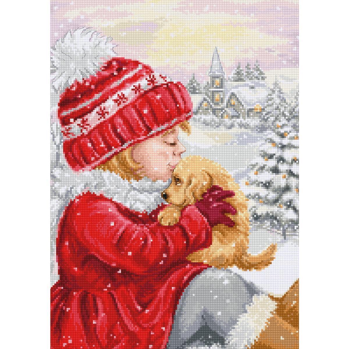 Luca-S counted cross stitch kit ""Girl Kissing Puppy"", 23x32cm, DIY