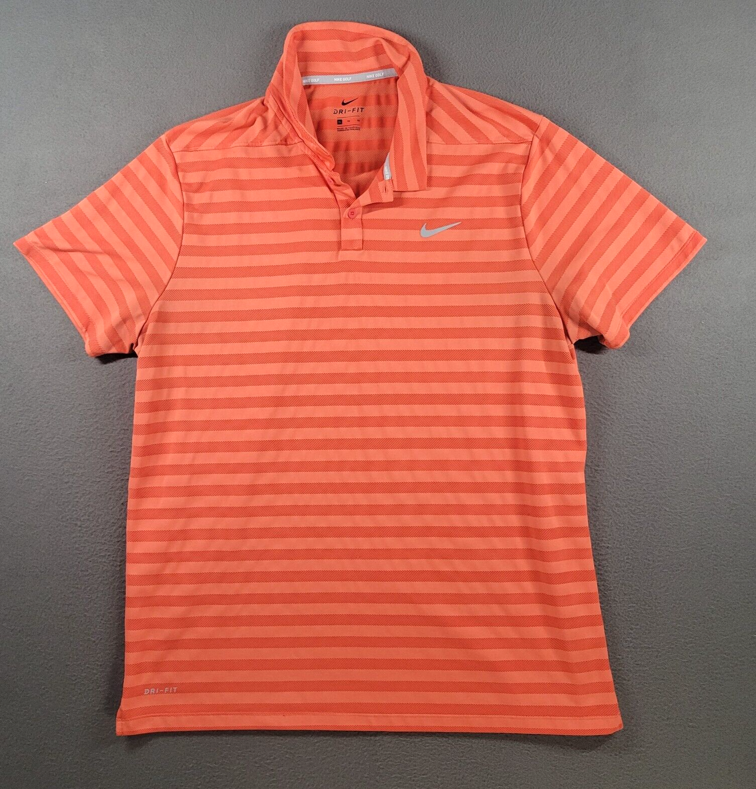 Nike Polo Shirt Mens XL Orange Striped Dri Fit Short Sleeve Active Golf Logo