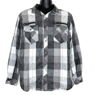 Rock Republic Shirt Mens Large Black Gray Plaid Long Sleeve Zipper Chest Pockets