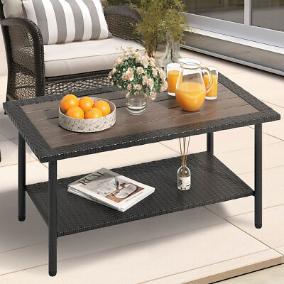 Outdoor Wicker Coffee Table Patio Rattan Coffee Table with 2-Tier Storage Shelf