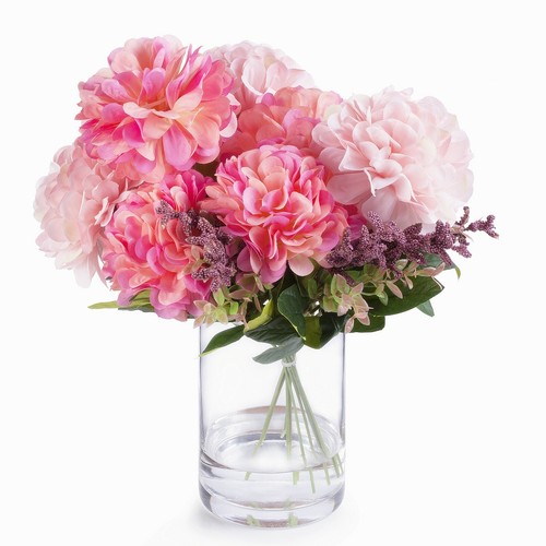 7 Köpfe Dahlie künstliches Seidenblumengesteck in Glasvase mit Kunstwasser - Bild 2 von 17