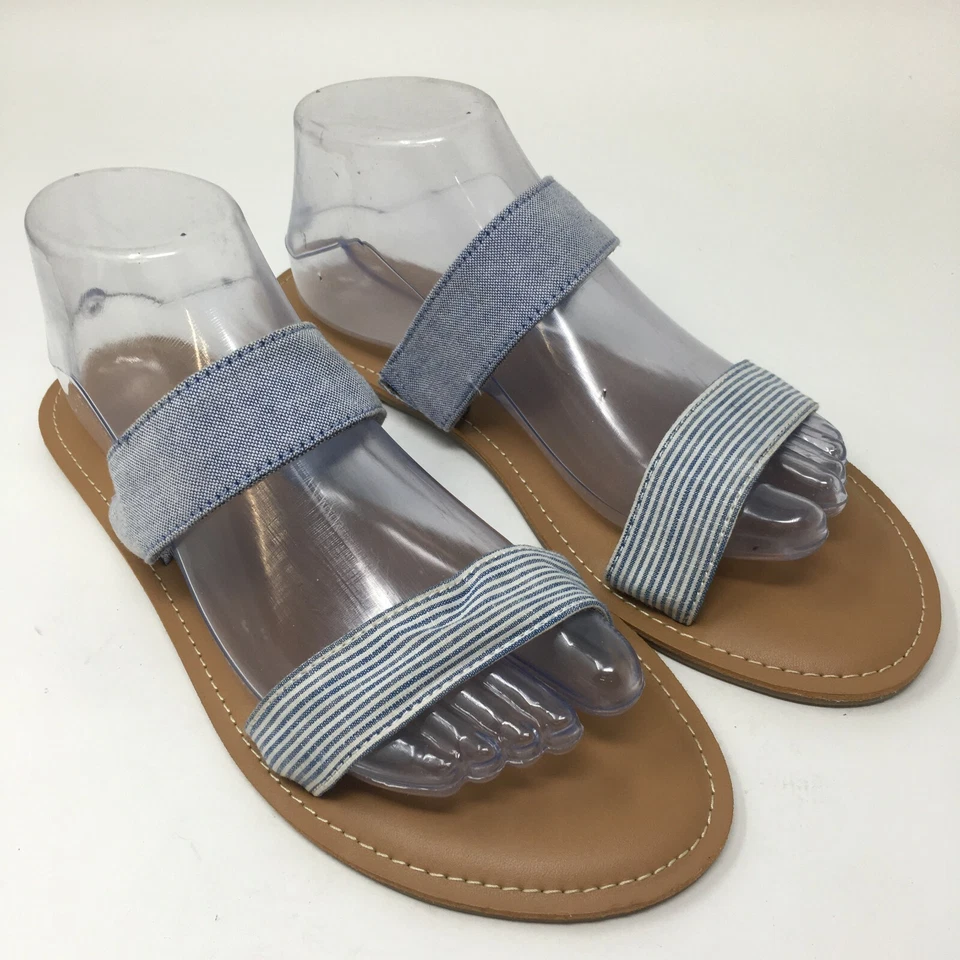 Sandalias antiguas azul marino para mujer 10 correas dobles sin cordones planas deslizables tela azul punta abierta Foto 3 de 4