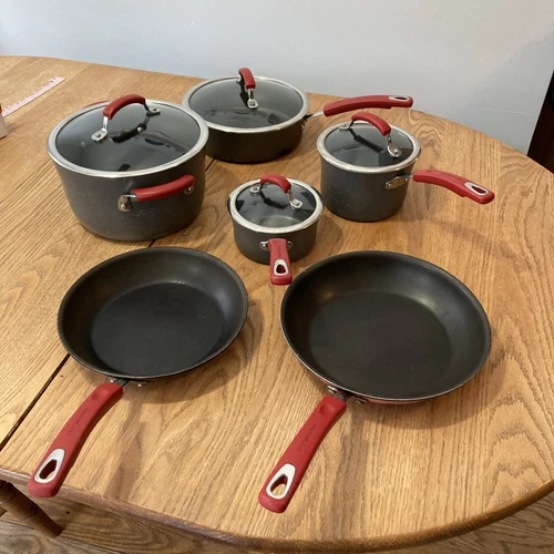 Rachael Ray Hard Anodized Cookware Set w/ Red Handles Set Of 6 Pots And Pans