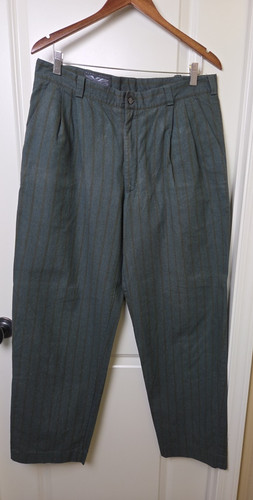 Perry Ellis, Vtg 1990s Perry Ellis America Striped Trousers Pleated Cotton Gray Green 36W 32L