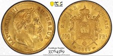 1869 BB GOLD FRANCE 100 FRANCS NAPOLEON III COIN PCGS MINT STATE 61 RARE DATE