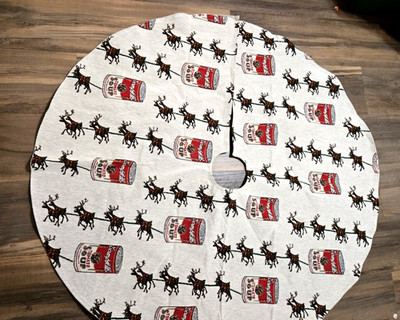 Campbell Soup Christmas Tree Skirt Large Burlap Embroidered w/Reindeers & Cans