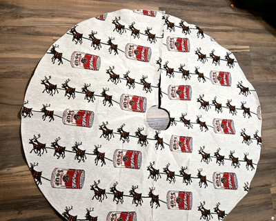 #ad Campbell Soup Christmas Tree Skirt Large Burlap Embroidered w Reindeers amp; Cans $18.95