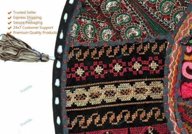 Round Patchwork Embroidered Floor Seating Indian Yellow Floor Cushion Cover - Image 4 of 4