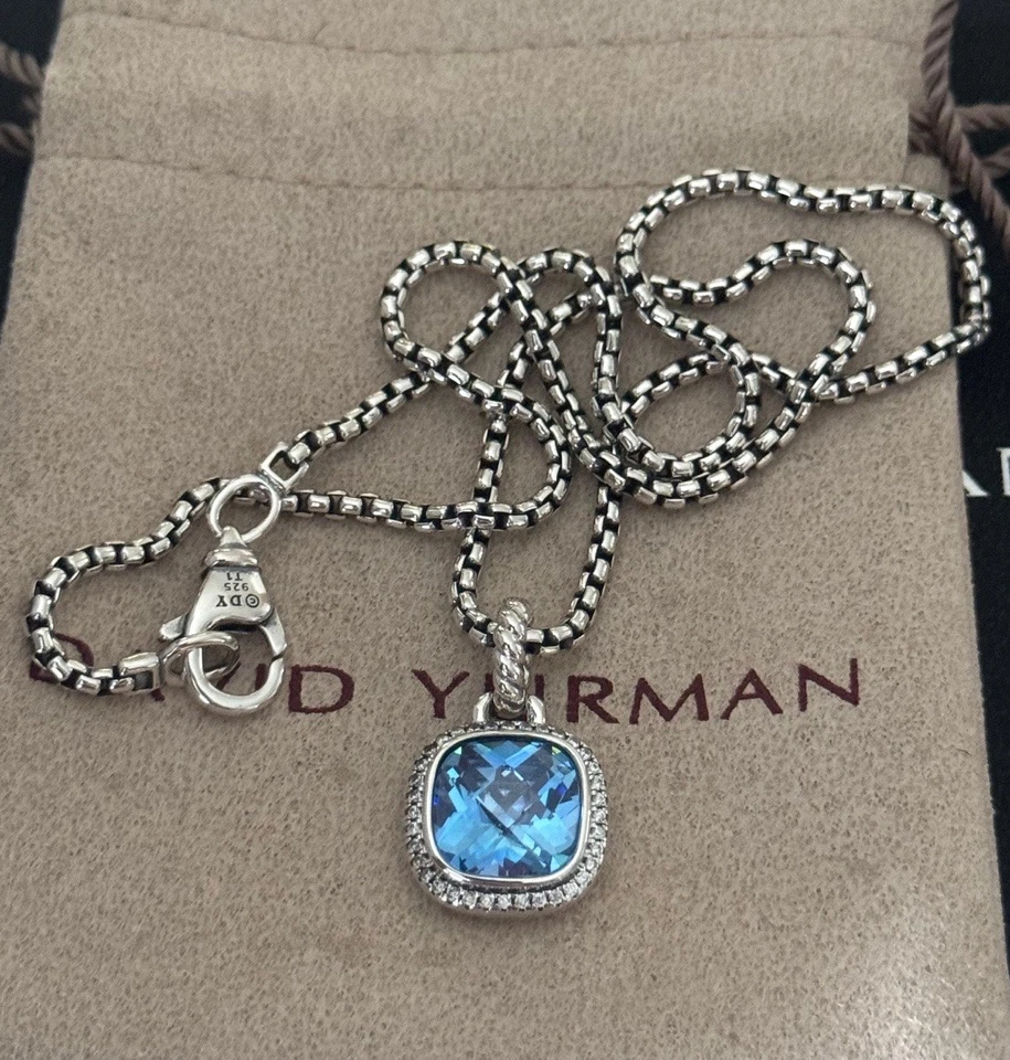 DAVID/YURMAN Sterling Silver 14mm Albion Pendant Blue Topaz & Diamonds 18 inc - Image 3 of 4