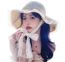 Women Straw Sun Hat Summer Beach Wide Brim Hat with Lace Trim One Size Apricot