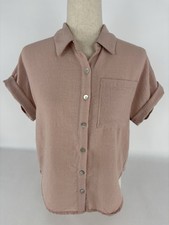 Monteau Pink Collared Short Sleeve Pocketed  Button Front Top Women's Size Small