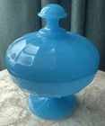 Vintage Beautiful Fenton Blue Milk Glass Covered Candy Dish 6”x5”