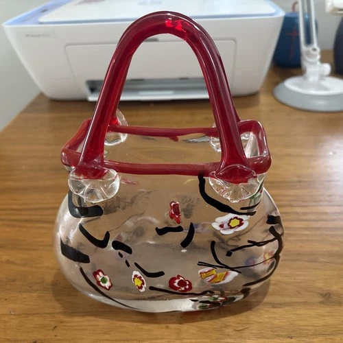 Murano Style Art Glass Purse Vase Hand Blown Colorful Millefiori Bag Sculpture