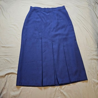 Vintage Button Closure Blue Pleated Skirt Sz 14 Made in USA Hanger Dents