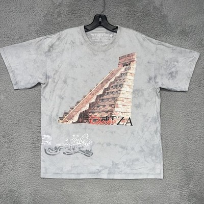 Pictorika Chichén Itzá Pyramid T Shirt Men Sz L Gray Tie Dye AOP Map 2-Sided Tee