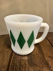 Rare Vintage Fire King Milk Glass Harlequin Green Diamond Mug, Anchor Hocking