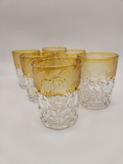 Hobbs Glass Antique Vintage EAPG Amber Leaf Hexagonal Block Tumblers Set 6 RARE