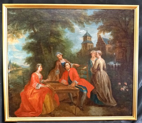 LARGE c1750 FETE CHAMPETRE ELEGANT FIGURES PLAYING DRAUGHTS Antique Oil Painting - Picture 19 of 19