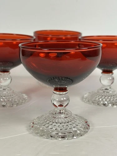 Anchor Hocking BUBBLE FOOT ROYAL RUBY Red Champagne Sherbet Glass Glasses 4 VTG