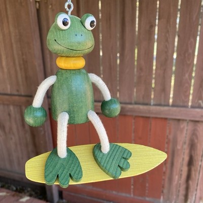 Kathe Wohlfahrt Wood Surfing Frog On Hanging Spring Bouncy Fun Germany 5 In.
