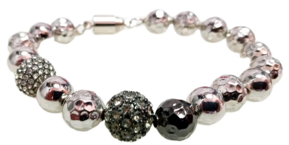 Chunky Y2K Silver Toned Beads Textured Rhinestone Disco Balls All Metal Bracelet - Image 3 of 4