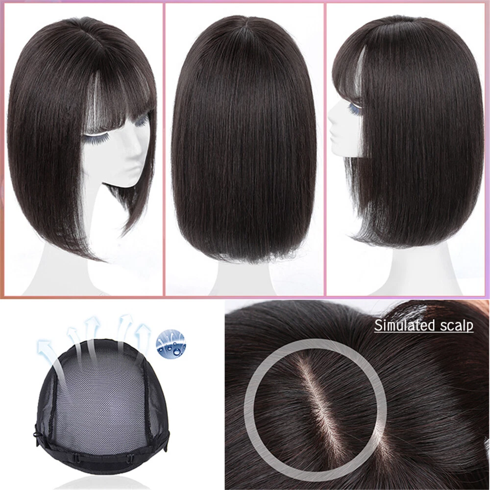 Short Bob Wig with Bangs Real Human Hair Wig Neat Straight Wig Cap Wig for Women - Picture 5 of 14