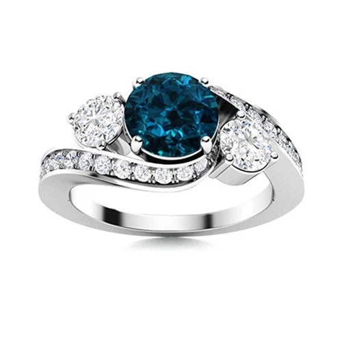 Round London Blue Topaz 925 Silver Three Stone Bypass Ring For Graduation Gift