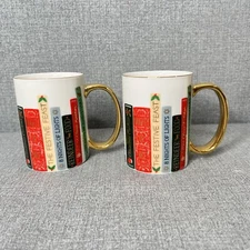 Rifle Paper Co Coffee Mugs Cups Set Of 2 Christmas Books with Gold Handle