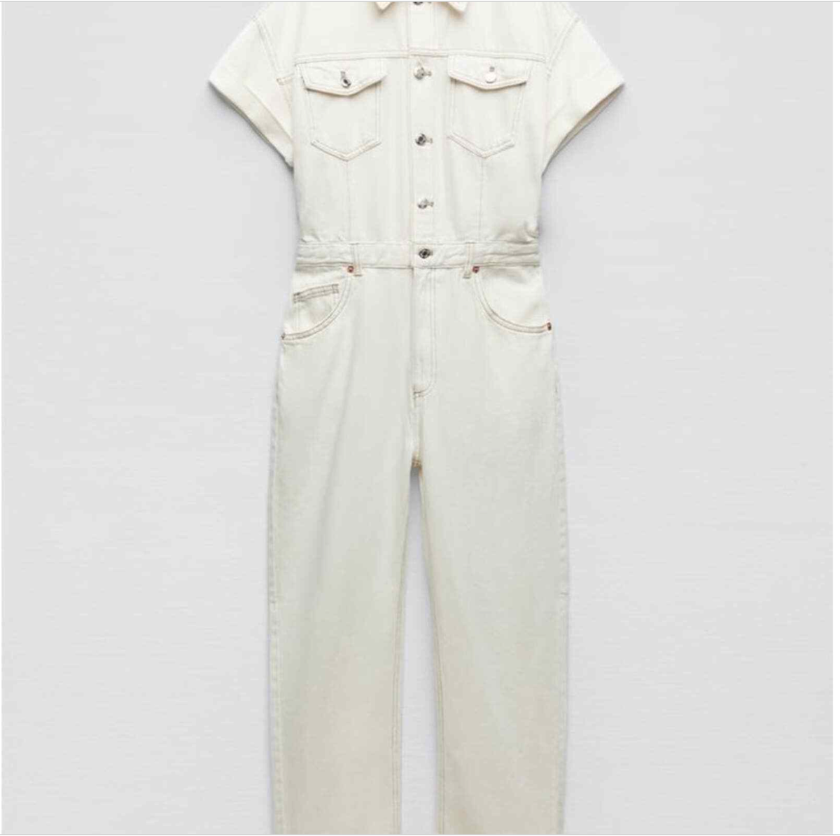 ZARA LONG DENIM JUMPSUIT Turned up short sleeves OYSTER WHITE XS,S  display picture 1