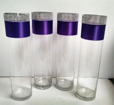 Set 4 Glass Cylinder Vases 16 W Purple Ribbon Rhinestones Wedding